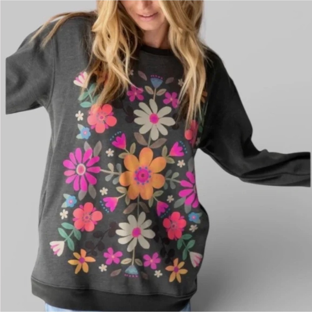 Natural Life Floral Graphic Sweatshirt Gray Boho Crewneck Pullover Small - Picture 4 of 4